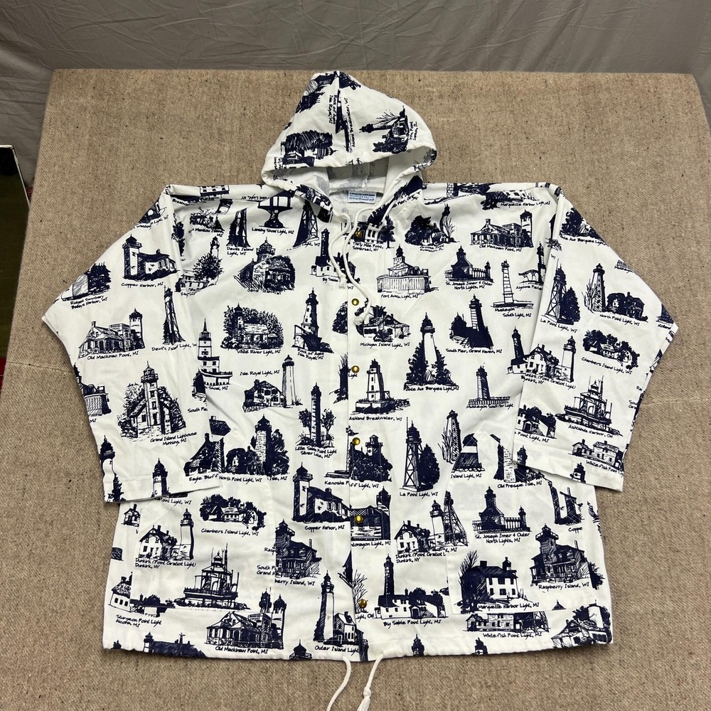 Vintage Michigan Rag Co Jacket Mens XL White 1990s Button Up Lighthouse